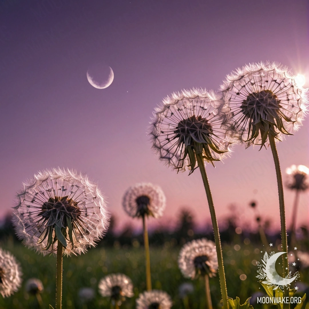 Romantic Dandelion Field at Twilight Close-up view of dandelions against a pink violet sky with a moon and sun.