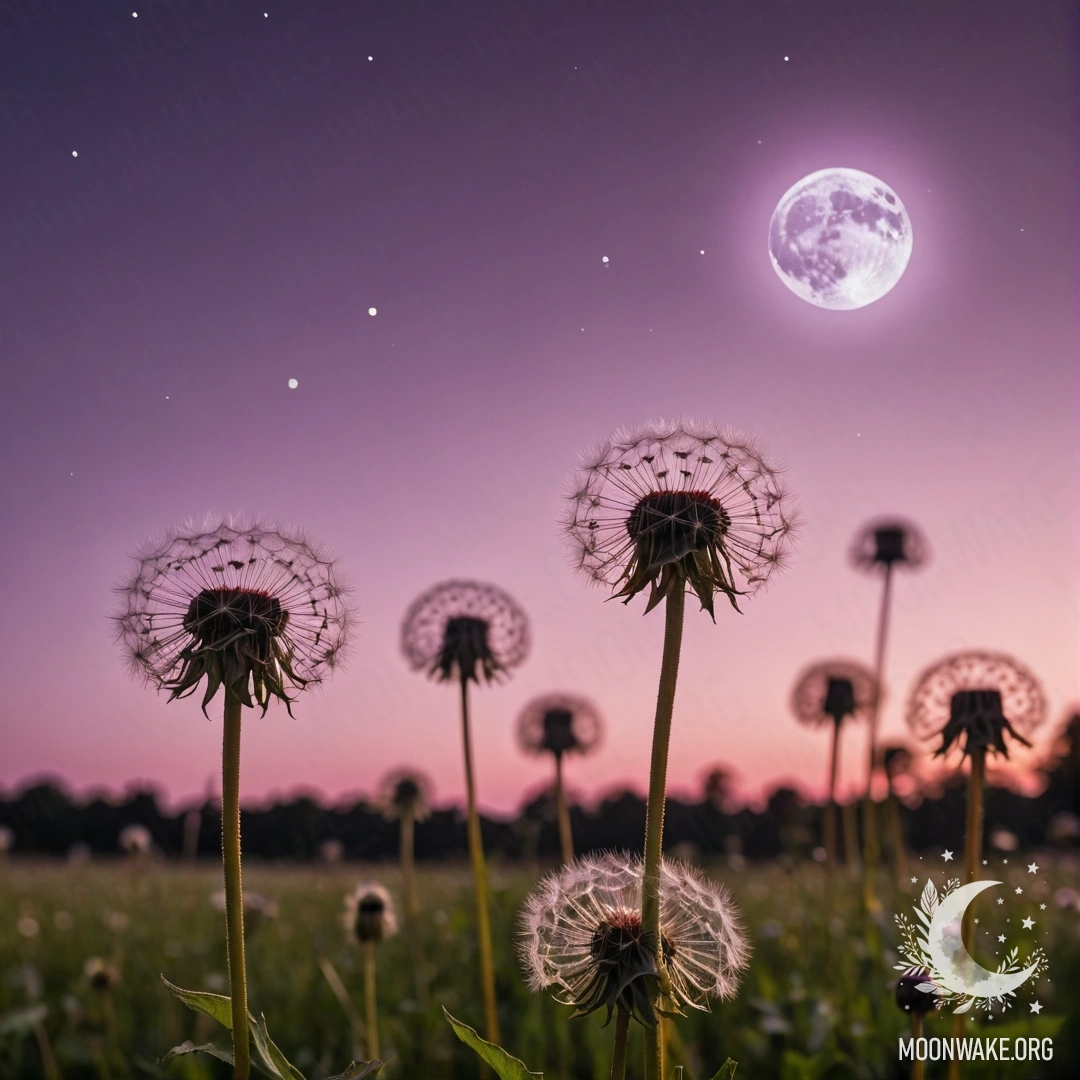 Close-up of dandelions in a romantic field with a pink violet sky and moon.