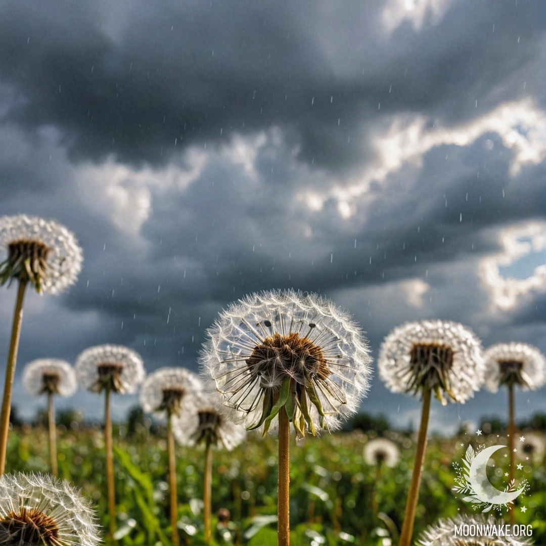 Close-up of dandelions in a romantic field with a bokeh sky and clouds under the rain.