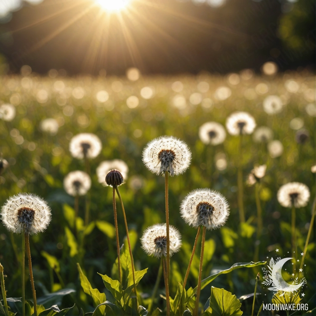 Close-up of dandelions against a blurred backdrop of flowers, illuminated by sun rays.