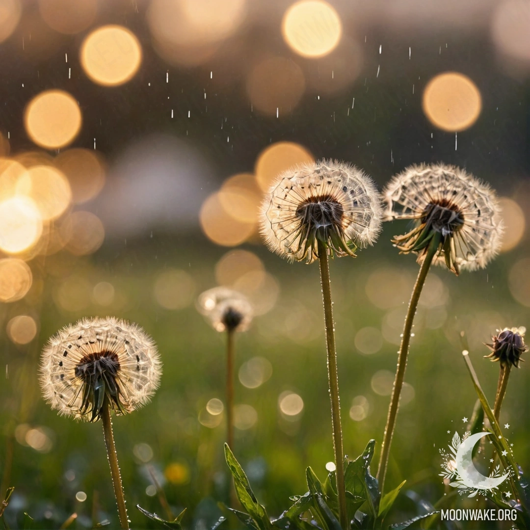 A close-up view of dandelions in a romantic field against a bokeh sunset with raindrops.
