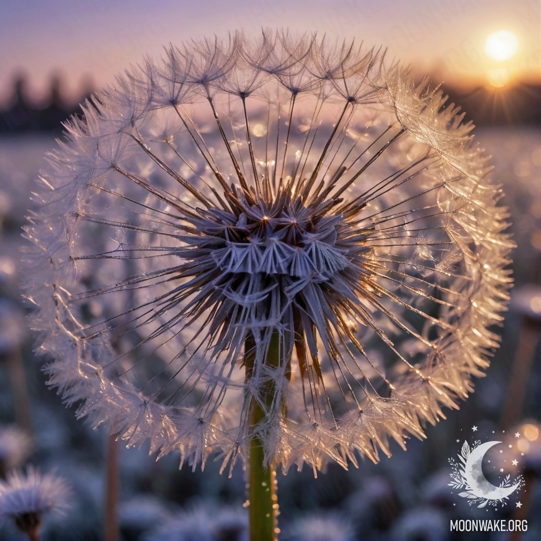 A lavender-colored dandelion covered in frost during sunset, sparkling with sequins.