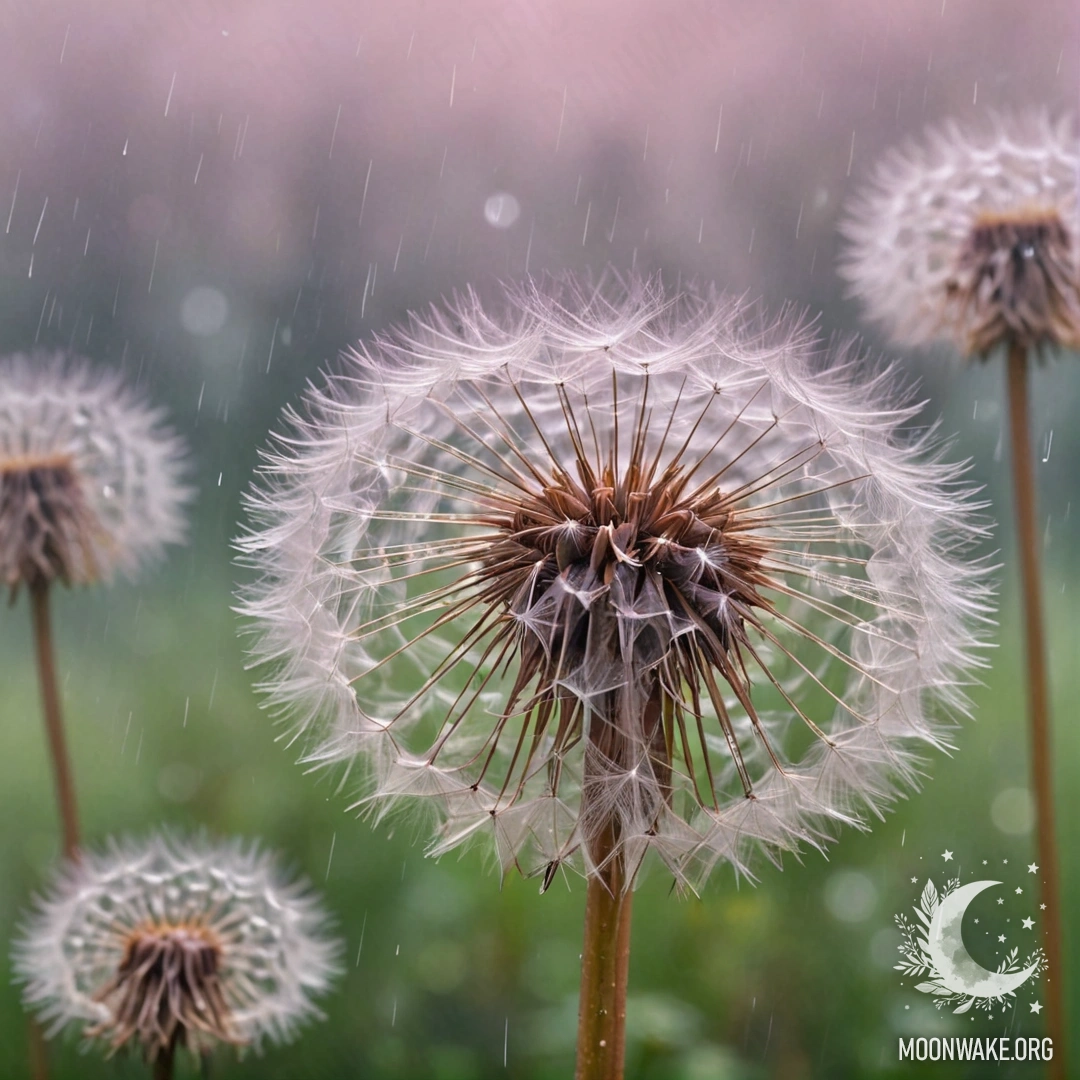 A delicate pink dandelion surrounded by mist and soft rain.