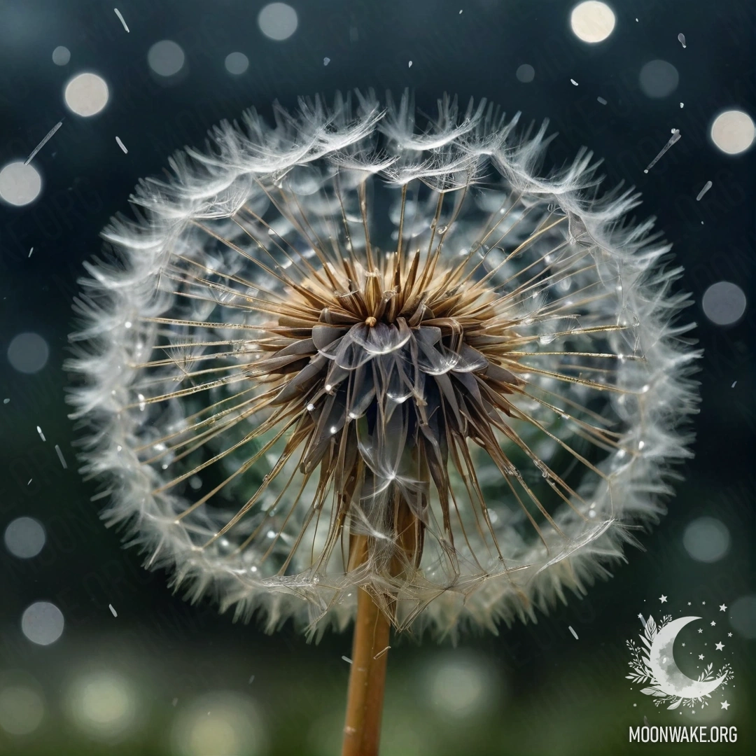 A romantic dandelion surrounded by mist, illuminated by rain at night with shimmering sequins in shades of sea wave.