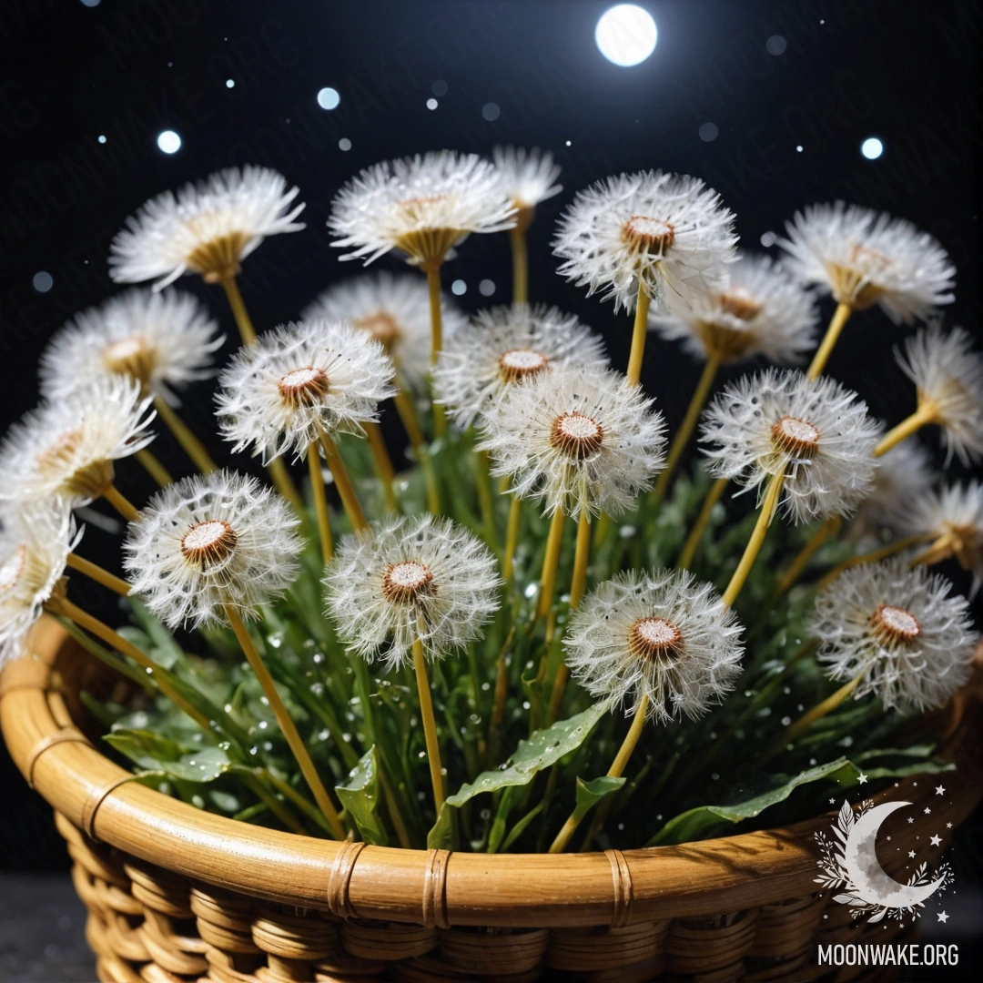 A basket containing a romantic dandelion with dew drops at night, painted in ukiyo-e style.