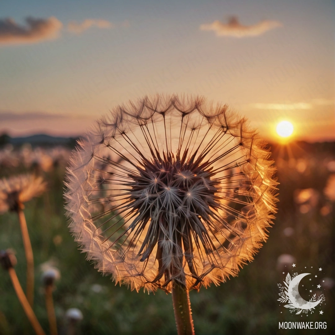 A romantic red dandelion silhouetted against a sunset background, reminiscent of vintage postcards.