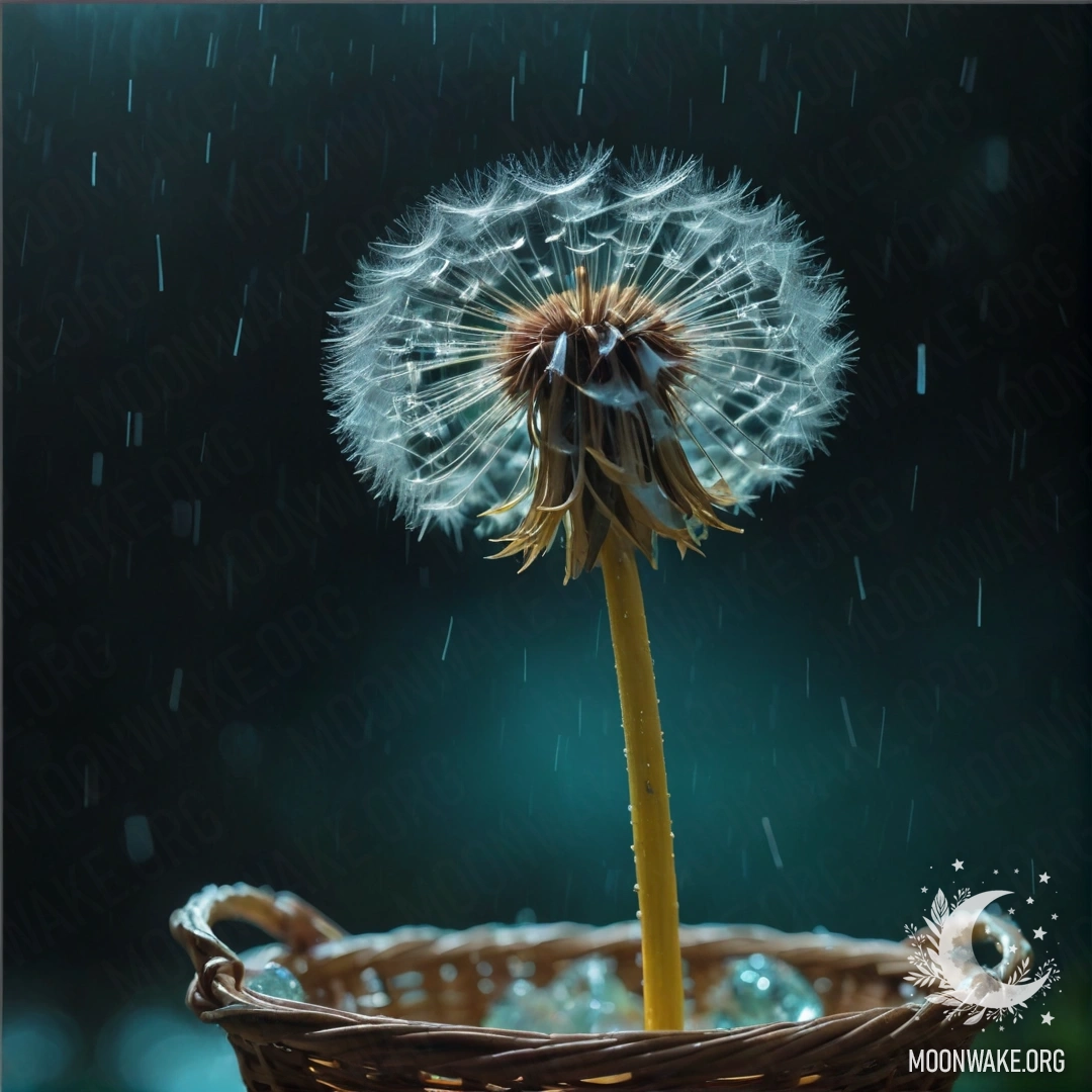 Romantic Dandelion Under Rain A romantic dandelion in an aquamarine basket, drenched in rain at night.