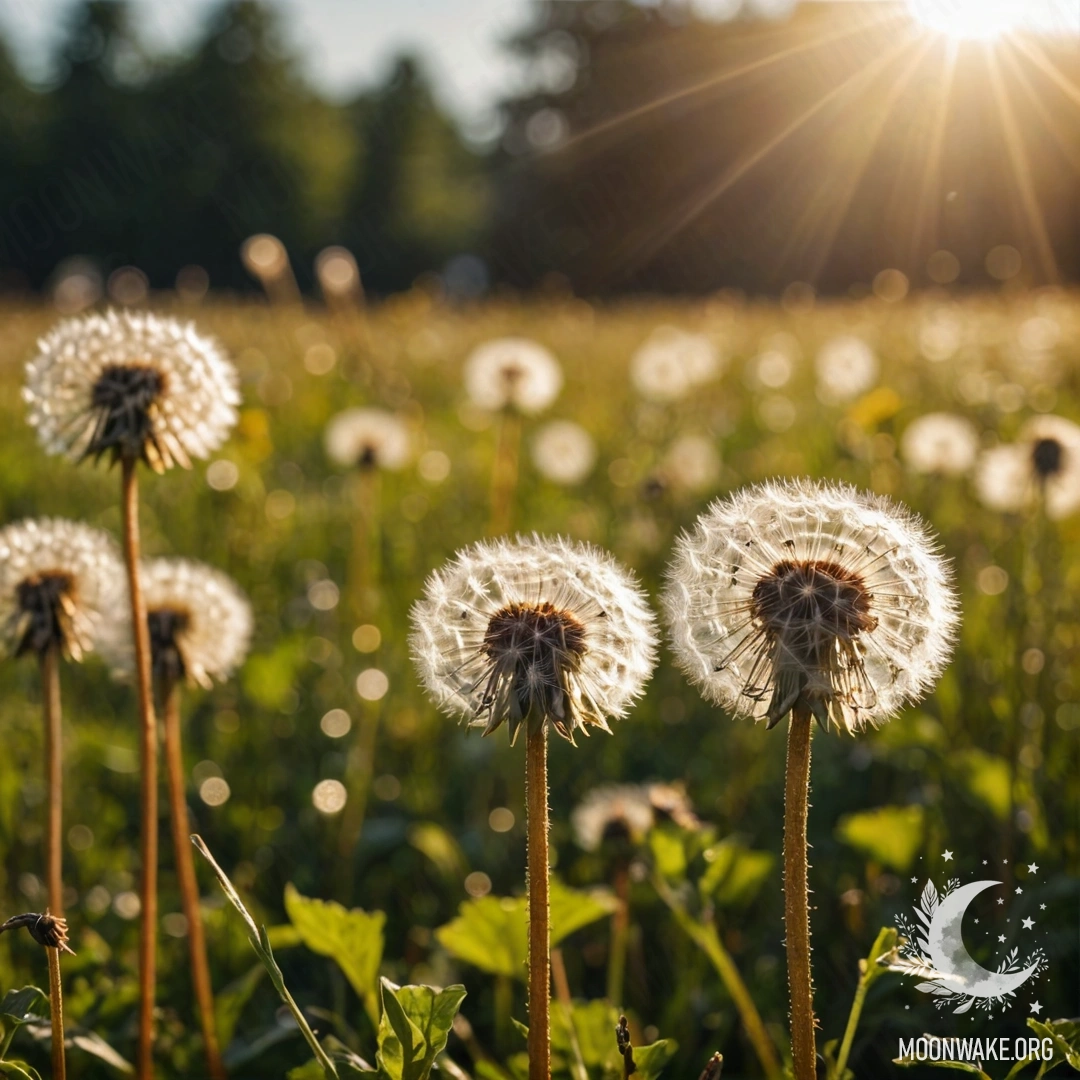 Close-up of dandelions in a field with bokeh and lens flares.