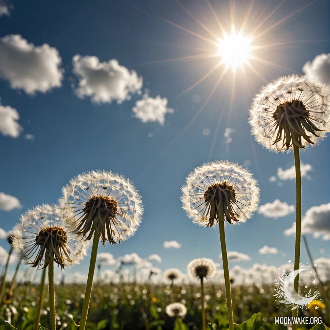 A close-up of delicate dandelions swaying gently against a bokeh sky filled with fluffy clouds and sun rays.