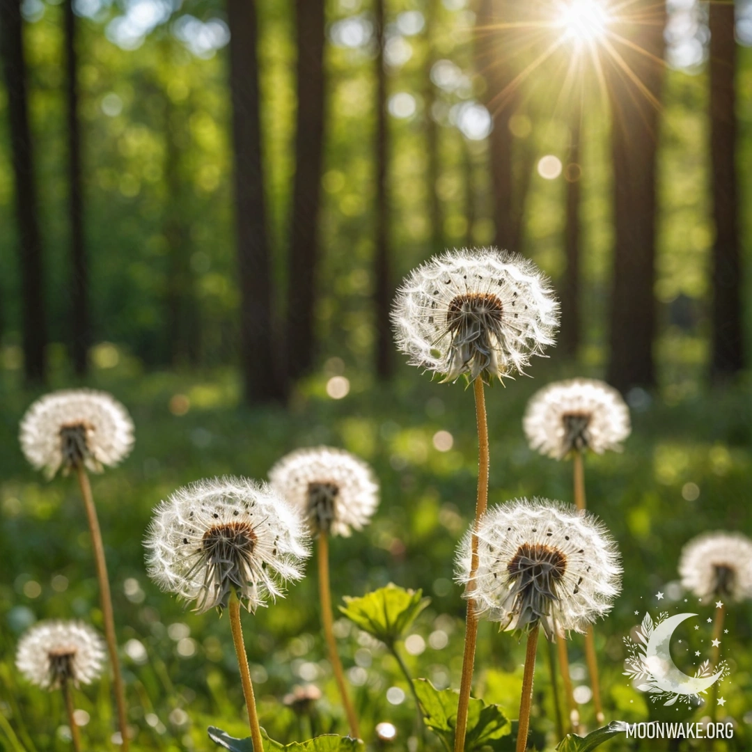 A close-up view of dandelions in a romantic field with a blurred forest background.