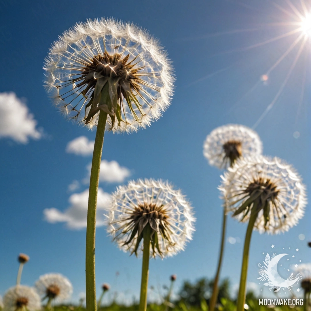 Close-Up of Romantic Dandelions in Bokeh Close-up image of dandelions in a field, blurred sky in the background