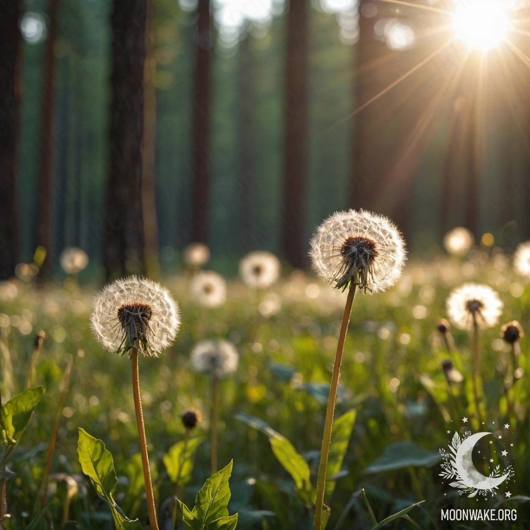 Romantic Dandelions in Enchanting Forest Close-up of dandelions set against a blurred forest background with lens flares.