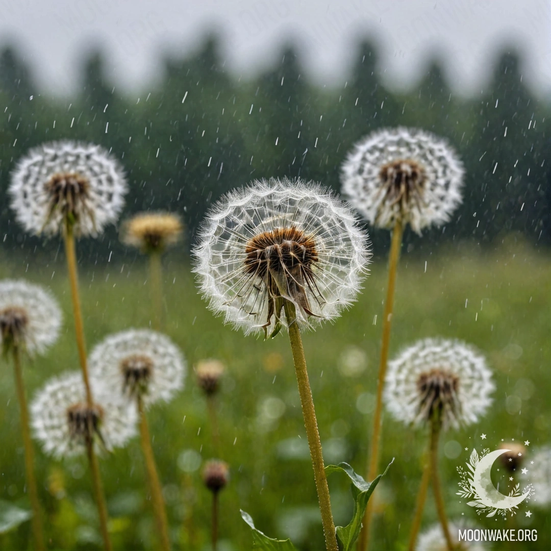 Close-up of dandelions in a romantic field under the rain with blurred background.