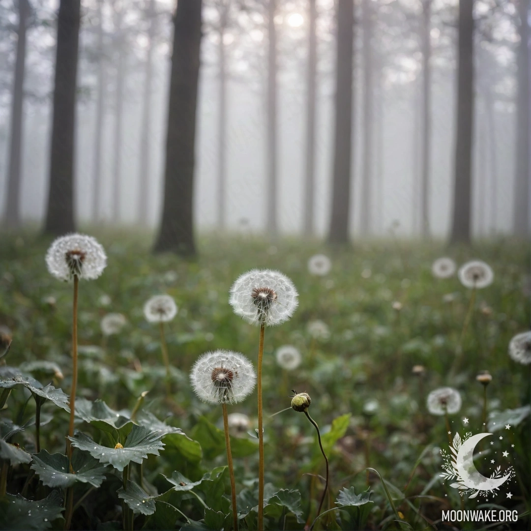 Romantic Dandelions in Misty Forest Close-up of dandelions in a misty forest with a blurred background.