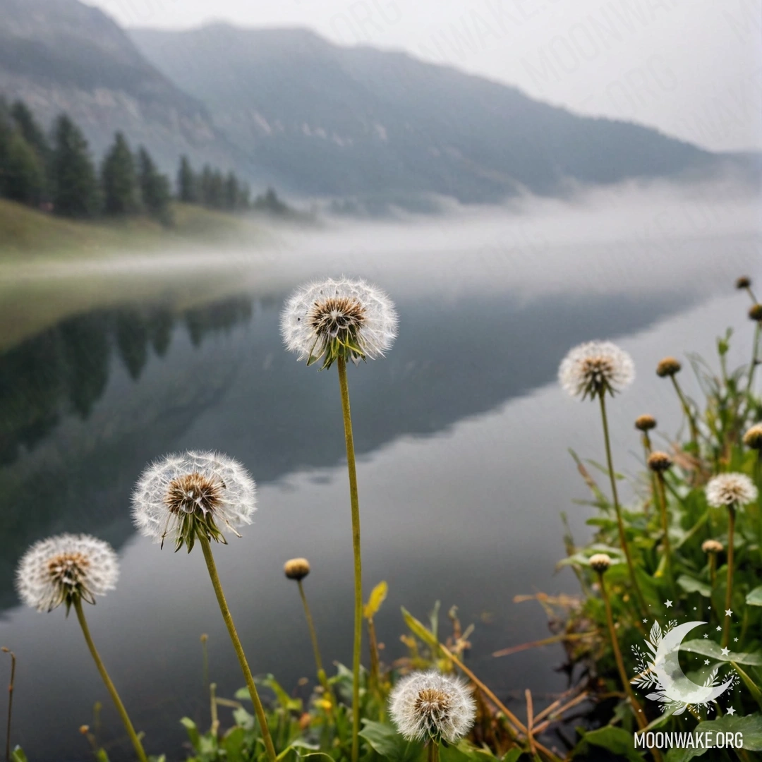 Close-up of dandelions in a romantic field with a misty mountain lake in the background.