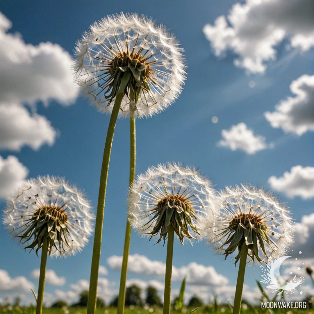 Close-up of dandelions in a sunny field with a bokeh sky and clouds.