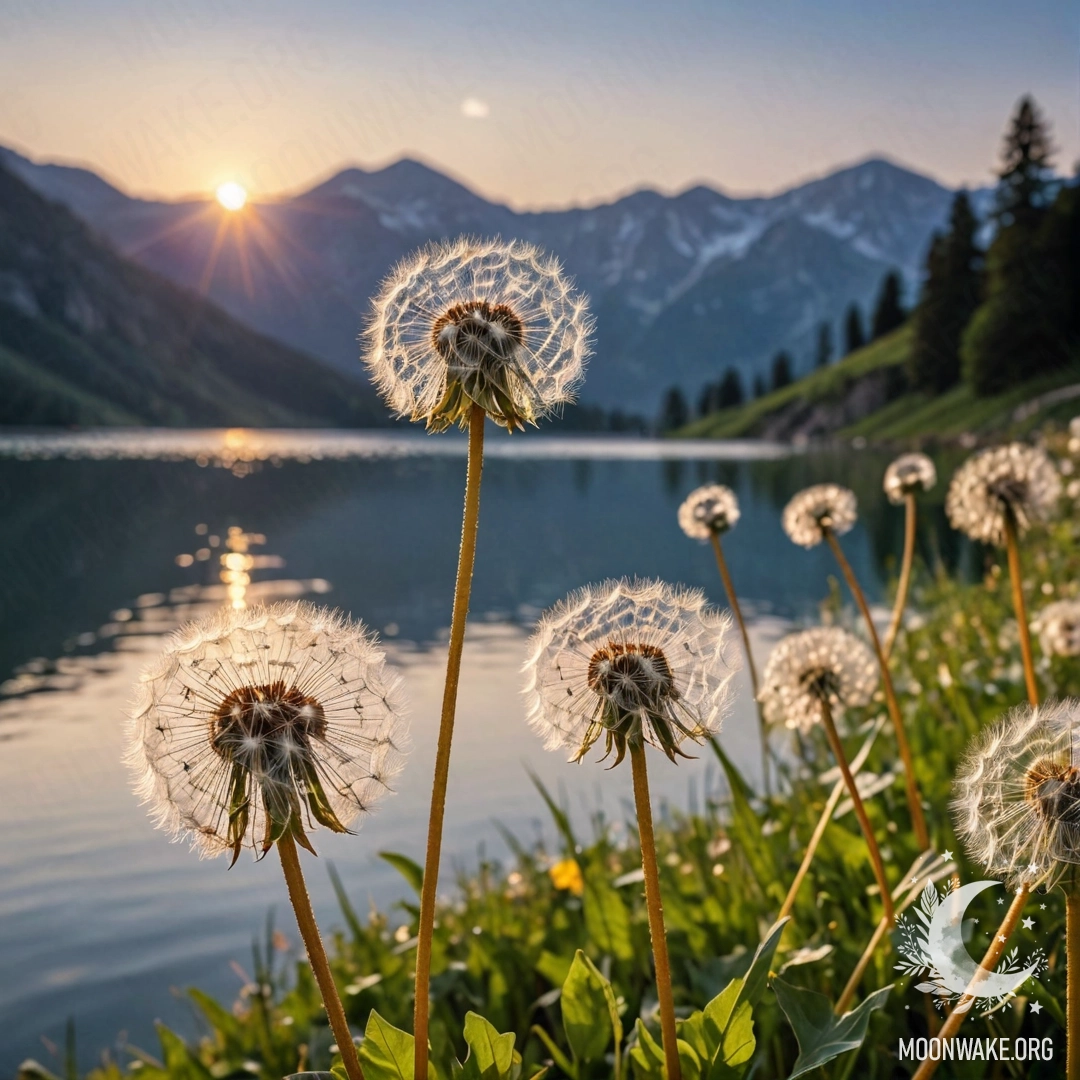 Close-up of dandelions in a romantic field against a bokeh sunset lake.