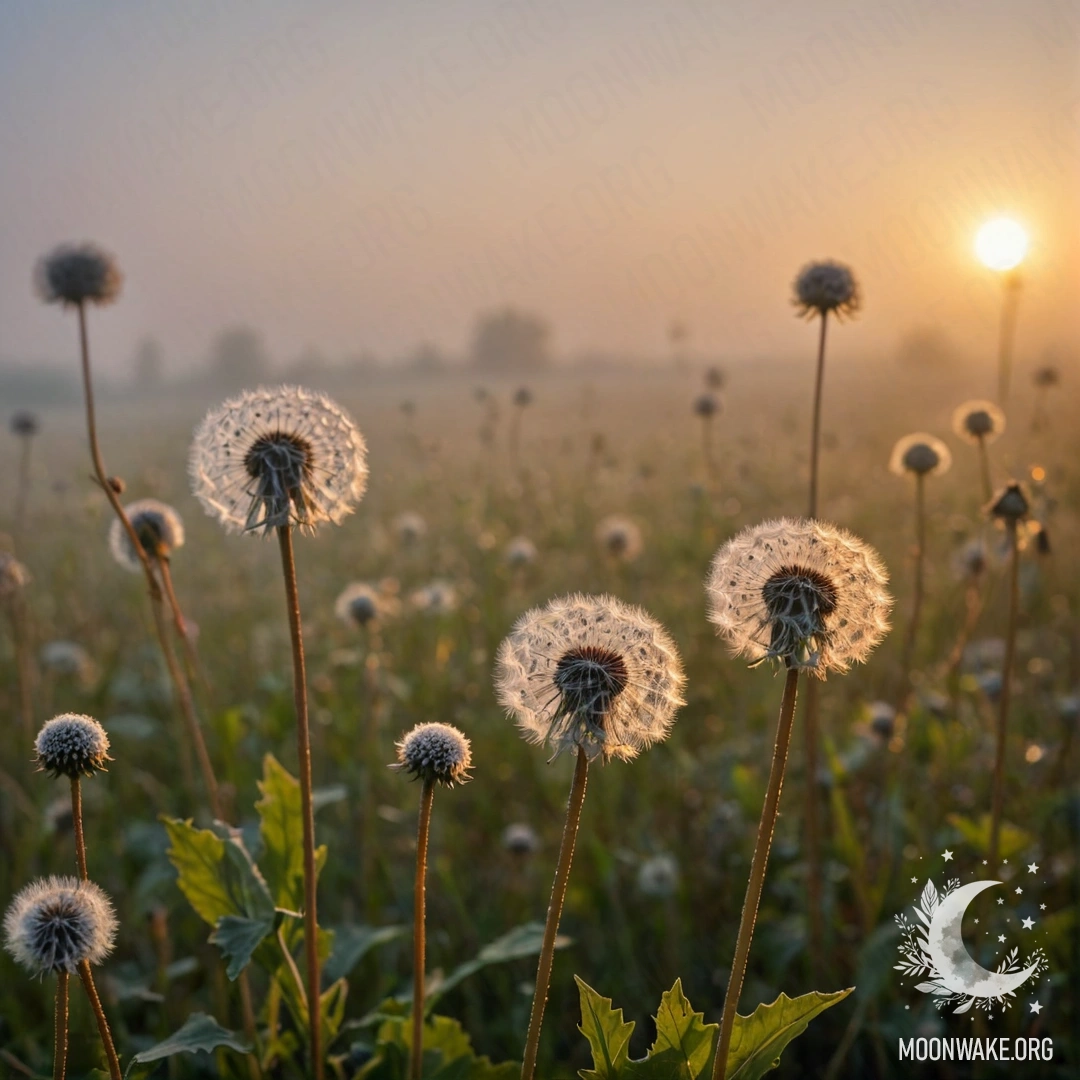 Close-up of dandelions in a misty field against a bokeh sunset.