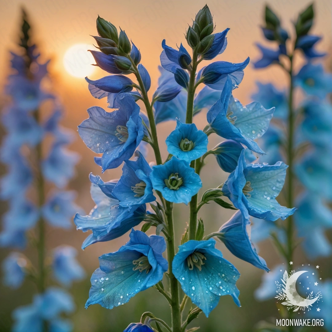 Romantic Delphinium at Sunset A delicate delphinium in shades of greenish-blue, sparkling with sequins against a sunset backdrop.
