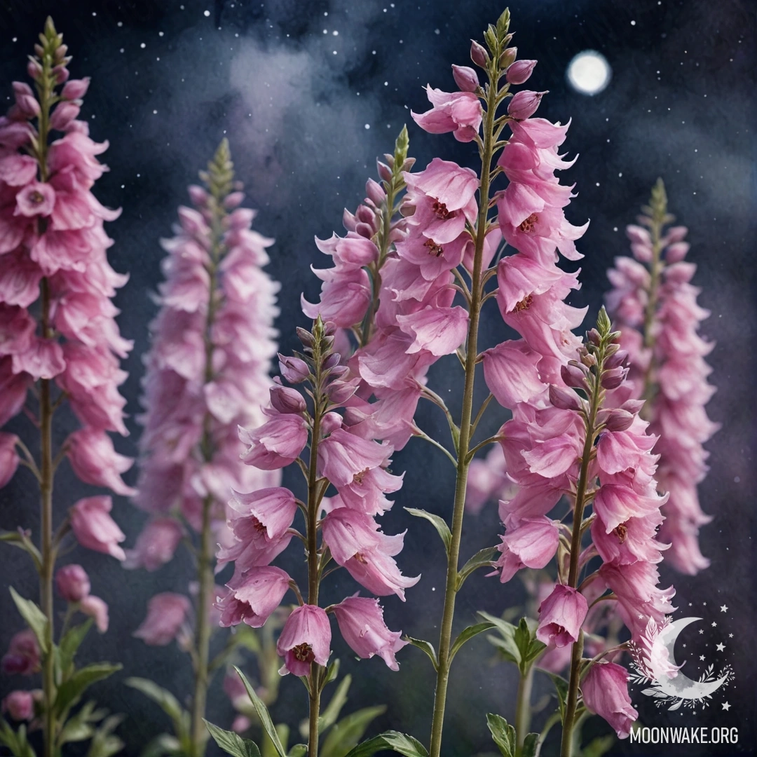 Romantic Delphinium in Misty Night A pink delphinium flower in the mist at night, watercolor style.