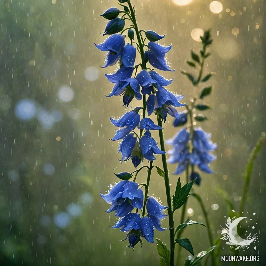 Green delphinium flowers in the mist and rain at sunset.