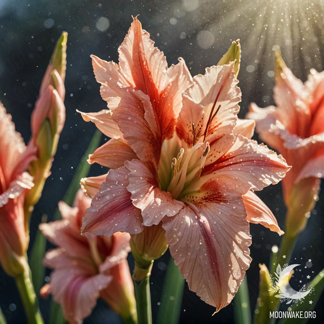 A delicate olive-colored gladiolus adorned with dew drops, illuminated by soft rays of sunlight and sparkles.