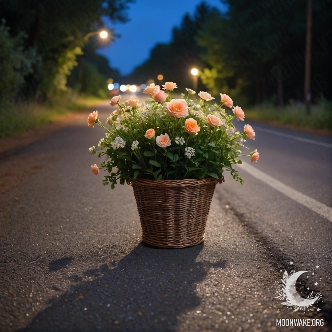A dirt road at night with a basket of flowers and trees in bokeh.