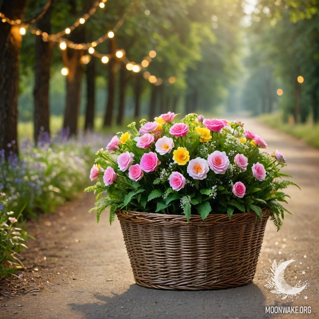 A dirt road adorned with a basket of flowers and a bokeh background of trees illuminated by garland lights.