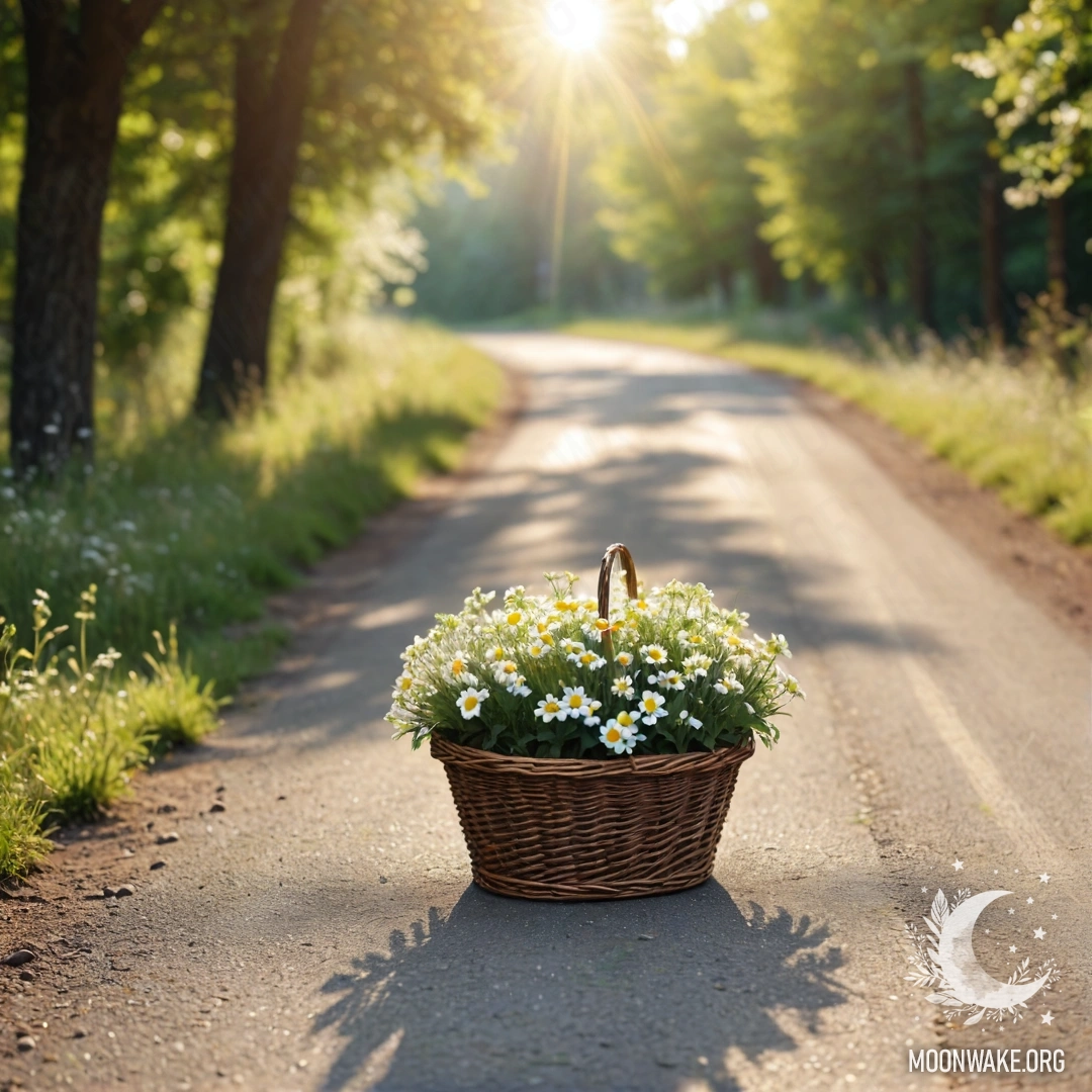 Romantic Dirt Road with Flowers A romantic dirt road with a basket of flowers and trees in the background, illuminated by sun rays.