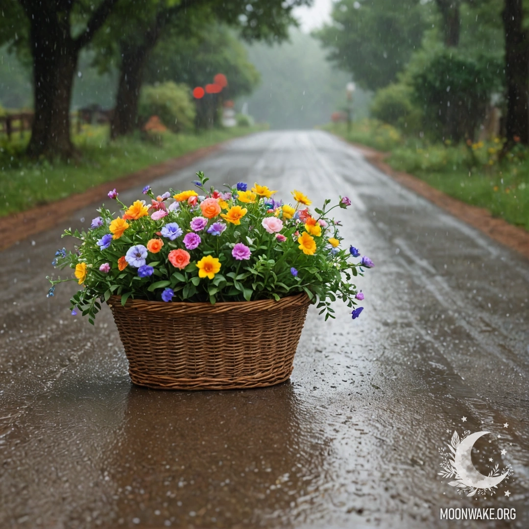 A romantic dirt road with a basket of flowers, blurred trees in the rain.