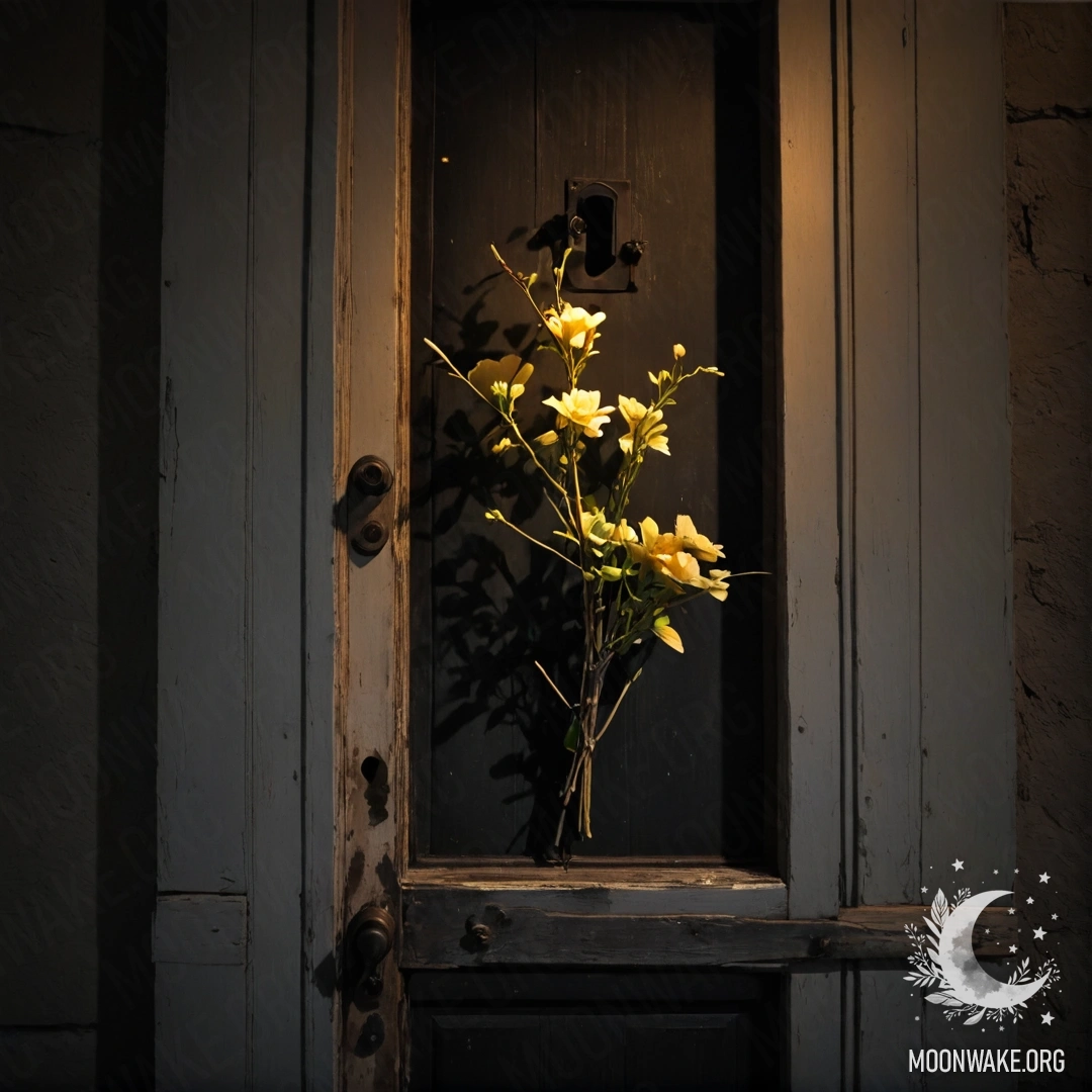 Romantic Nighttime Door with Flowers A shabby door adorned with twigs and flowers on its handle at night.