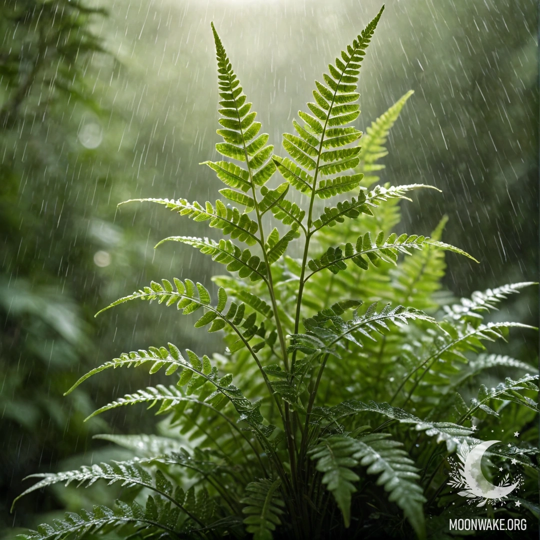 A close-up of a fern bouquet in the rain, illuminated by sunlight.