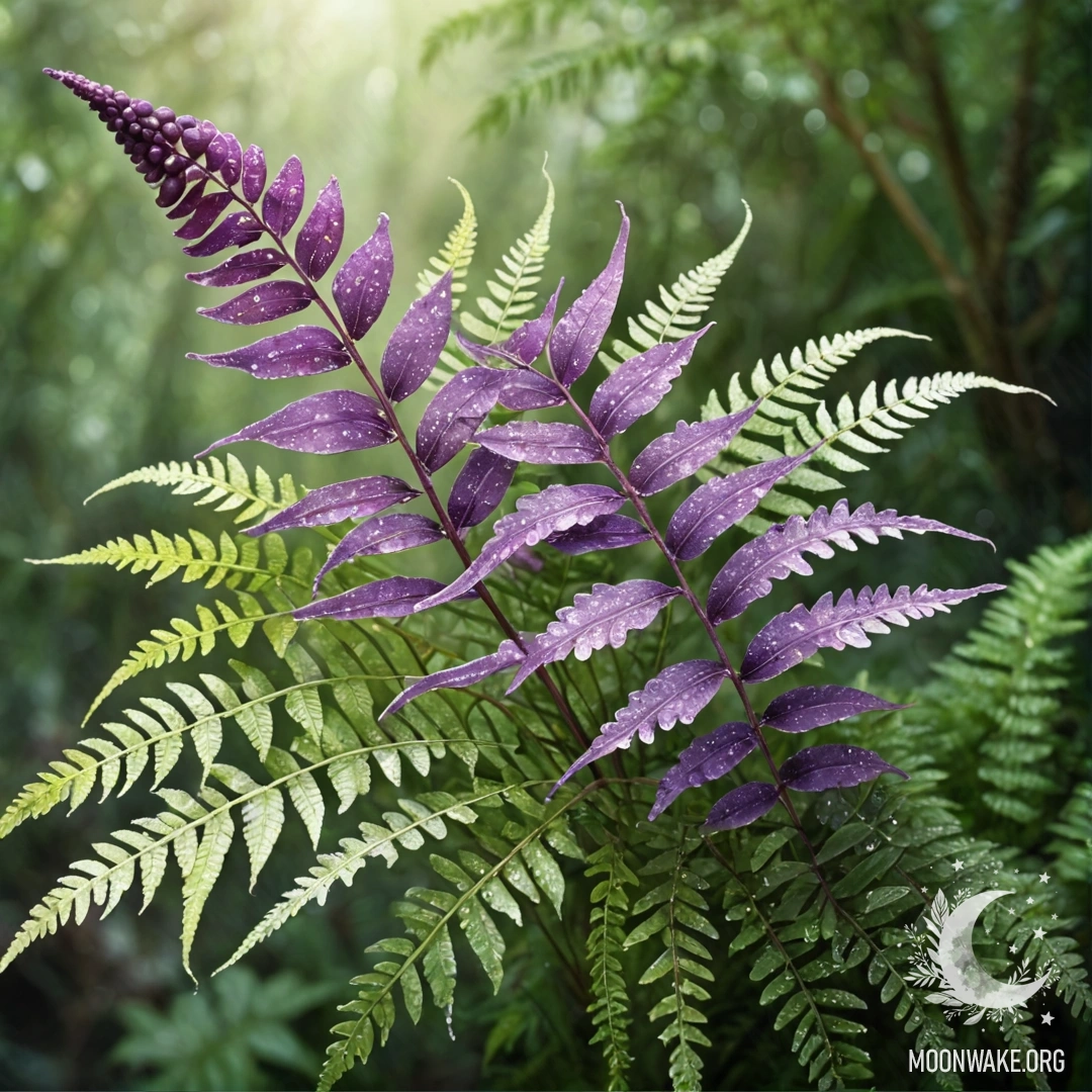 Romantic Fern Bouquet with Dew Drops A bouquet of purple ferns adorned with dewdrops.