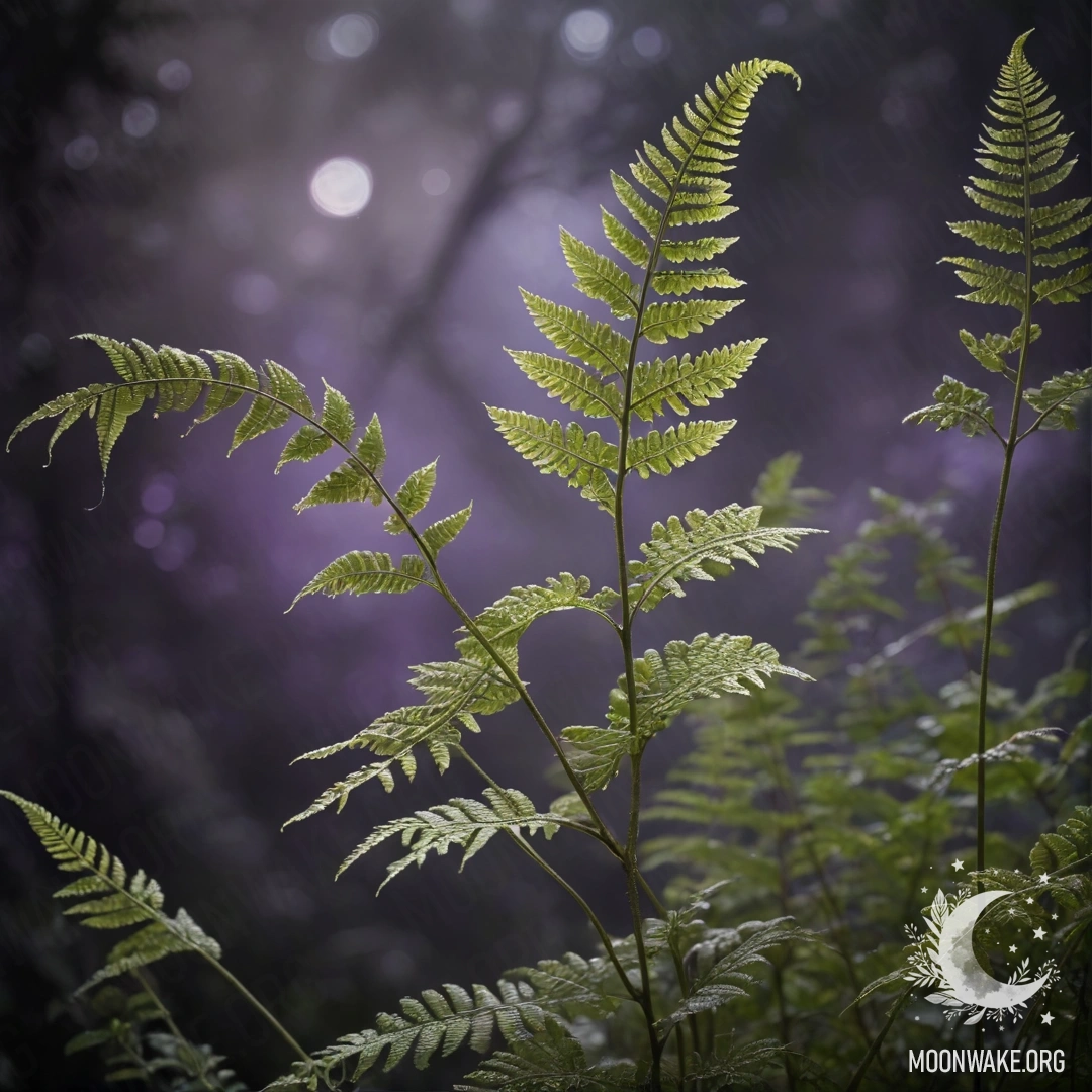 Romantic Fern in Lavender Mist A serene scene featuring ferns shrouded in lavender mist at night.