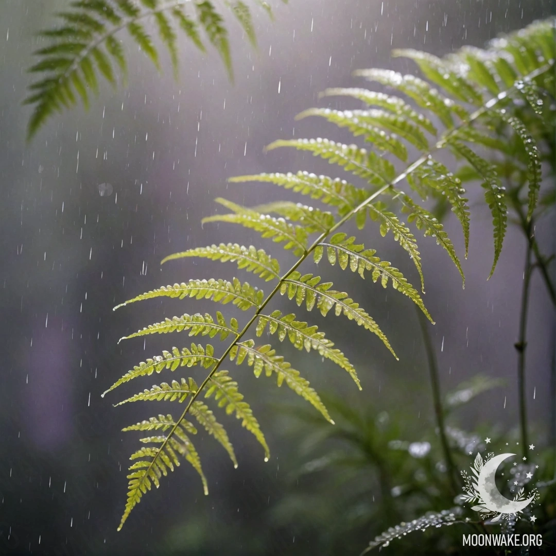 A romantic fern surrounded by mist and gentle rain, illuminated by sunny rays, embellished with lavender rhinestones.