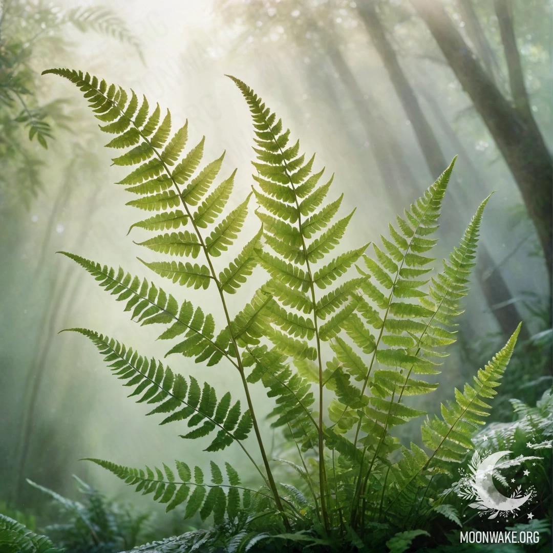 A delicate fern surrounded by mist, illuminated by sunny rays.