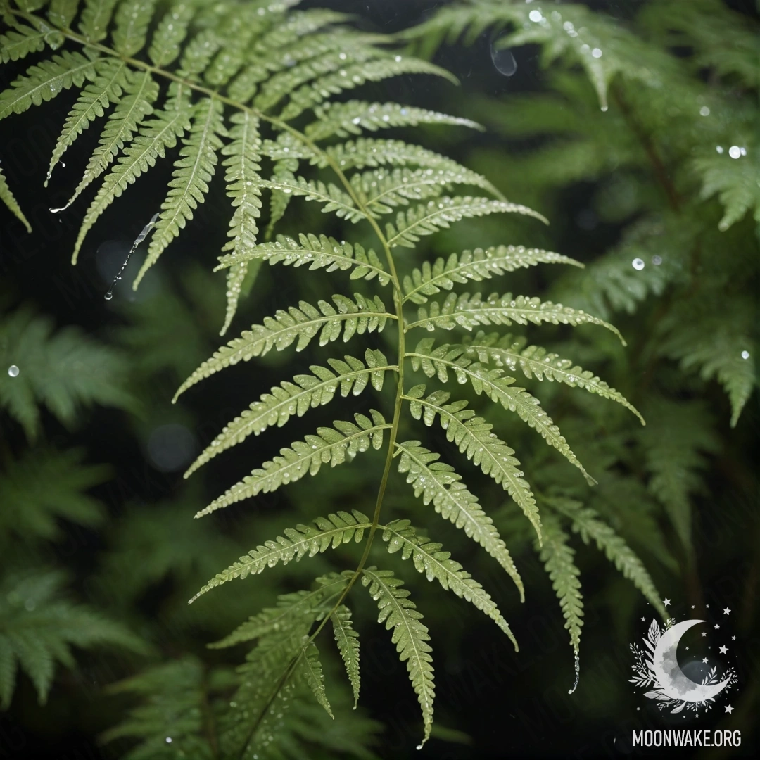 A romantic fern adorned with dew drops against a pastel night background.