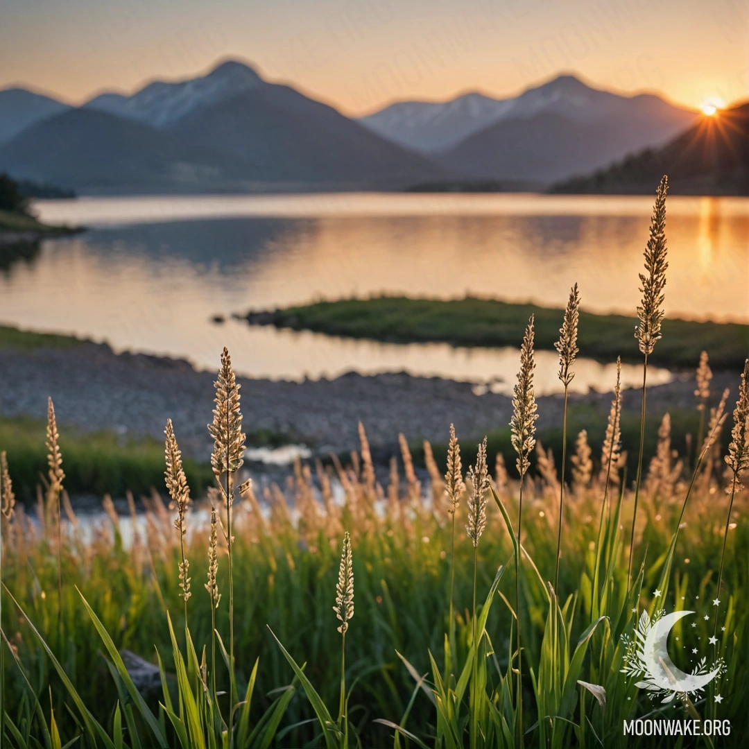 A close-up of lush grass in a romantic field with a beautiful bokeh effect featuring a mountain lake during sunset.