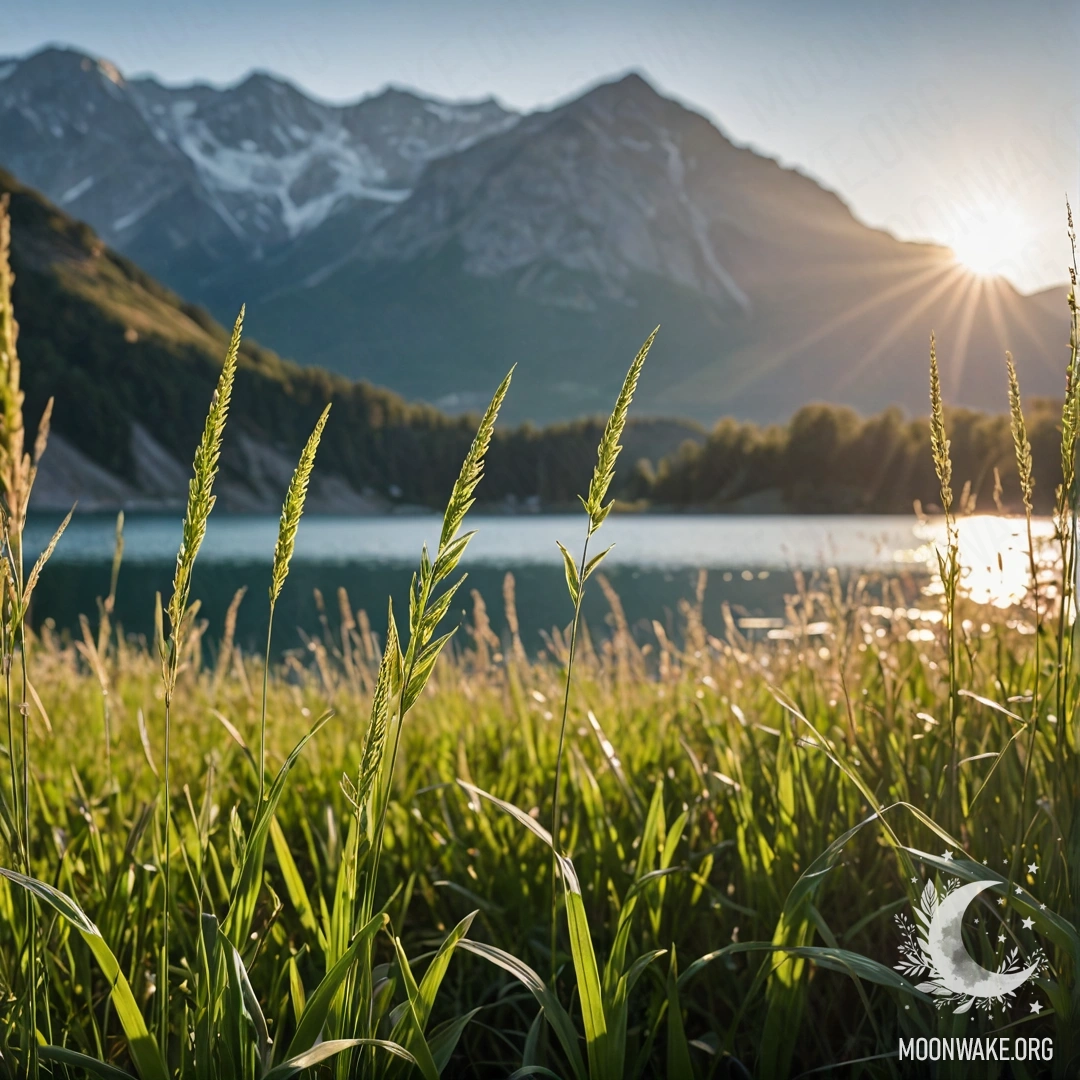 Close-up of grass in a romantic field with a blurred mountain lake in the background, illuminated by sun rays.
