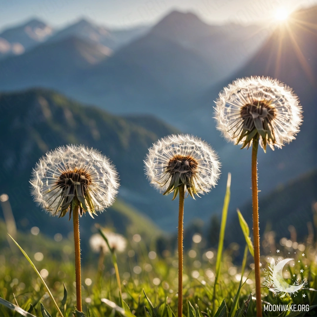 Close-up of Dandelions in a Romantic Field Close-up view of dandelions with a bokeh mountain background.