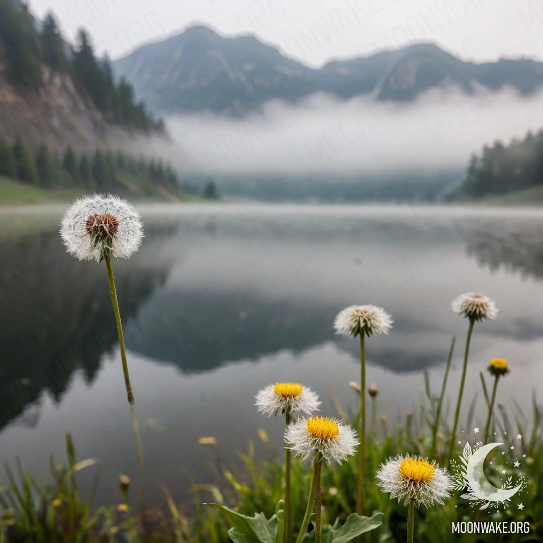 A close-up of dandelions in a romantic field, with a misty mountain lake in the background, shrouded in heavy fog.