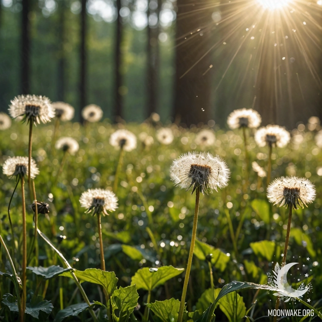 Close-up of dandelions in a field, with a bokeh forest and sun rays in the background, during rain.