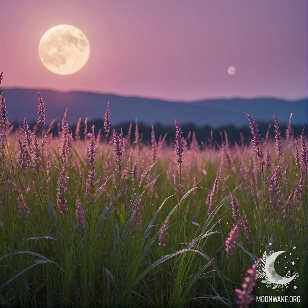 Close up of grass in a romantic field with a pink violet sky and the moon with sun.