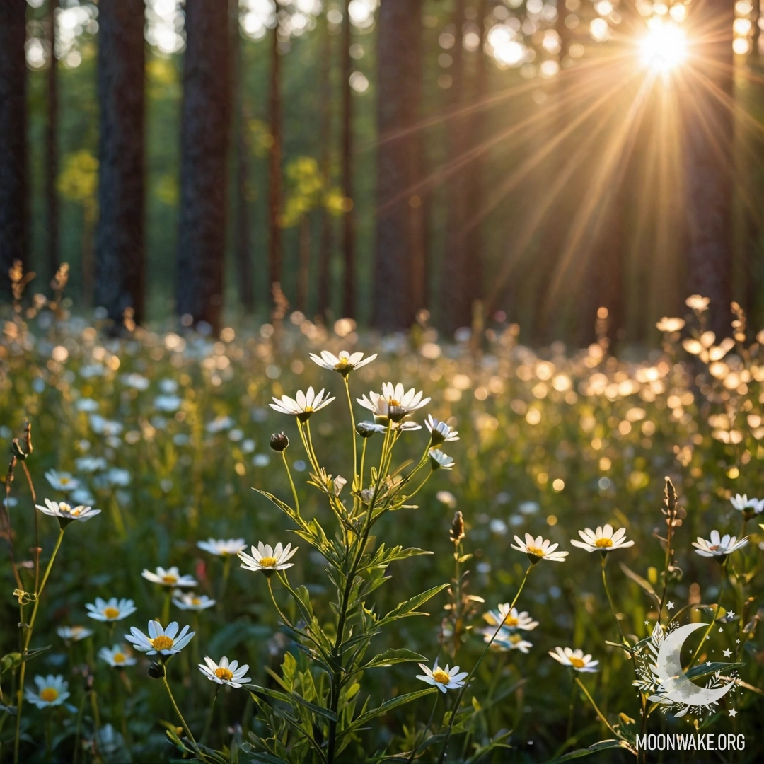 Romantic Field Flowers at Night Close-up of field flowers illuminated by sunlight in a bokeh forest at night.