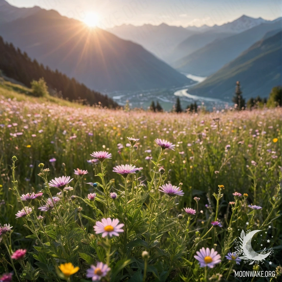 Close up of romantic field flowers in front of blurred mountains and sun rays.