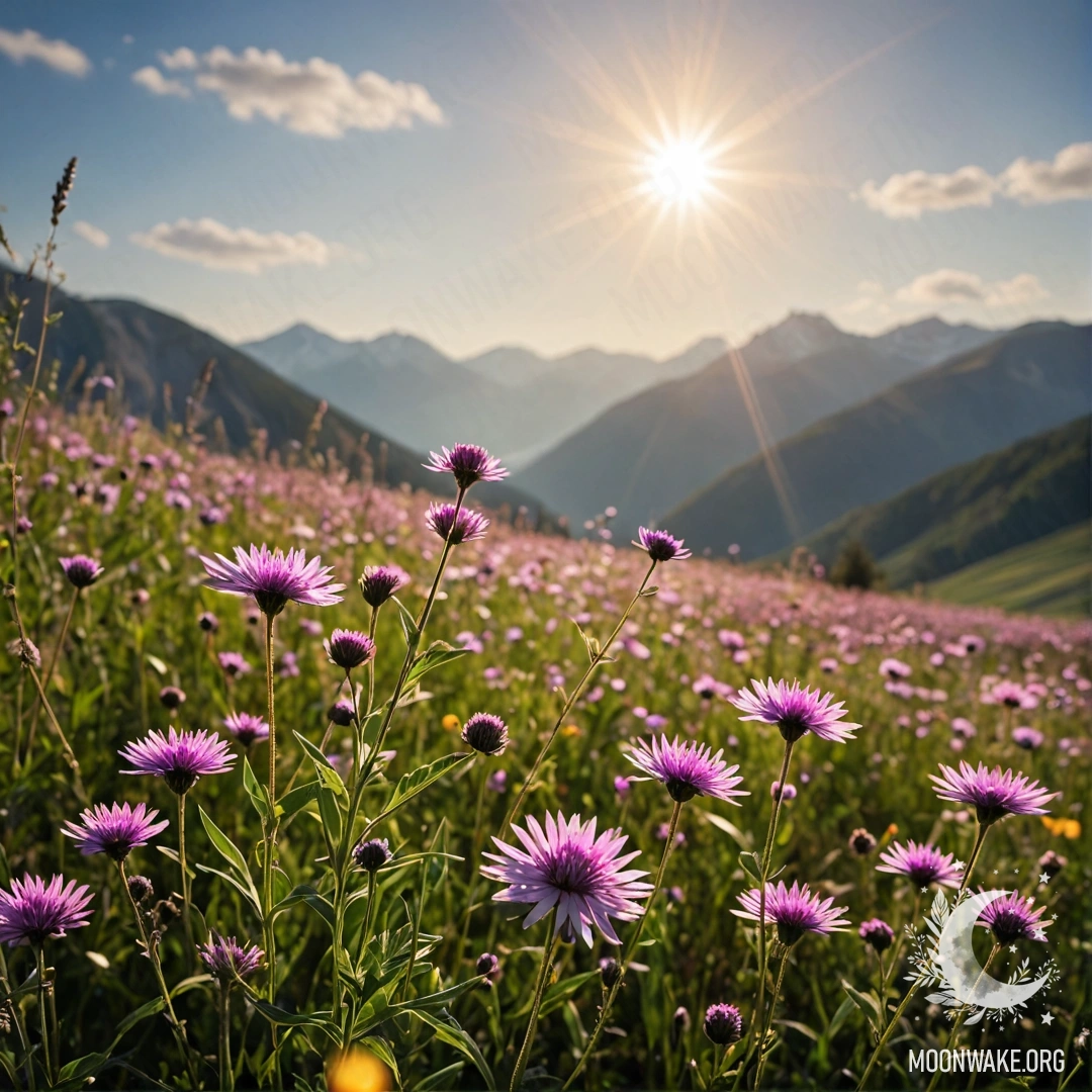 A close-up of vibrant field flowers with blurred mountains in the background, illuminated by sun rays.