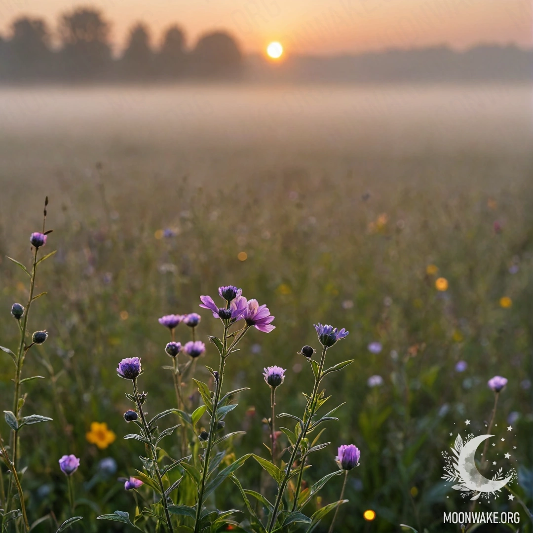 Close-up of colorful flowers in a field against a bokeh sunset and dense mist.