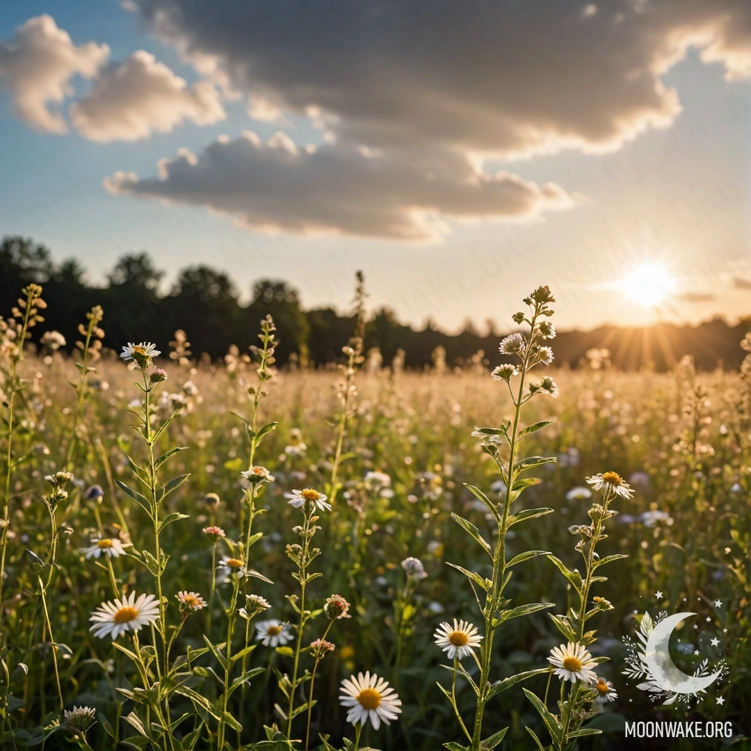 Close-up of vibrant field flowers against a bokeh sky with clouds.