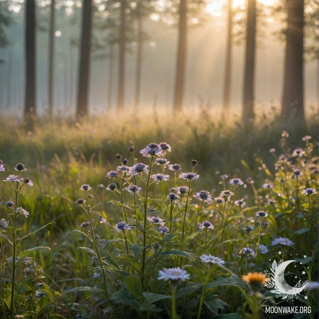 Close-up of flowers in a romantic field with mist and sun rays.