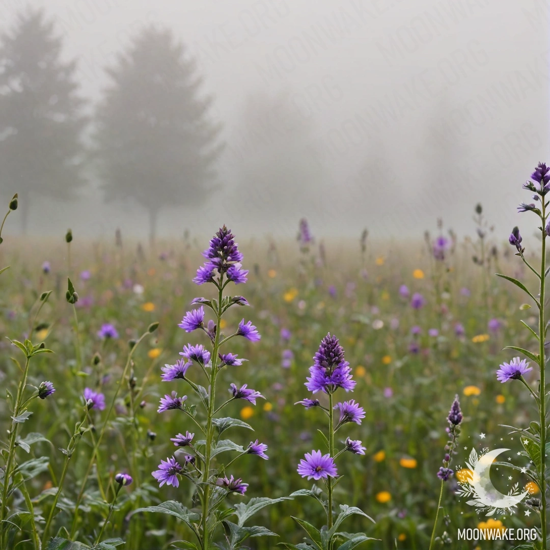 A close-up of romantic field flowers with a blurred background in heavy mist.